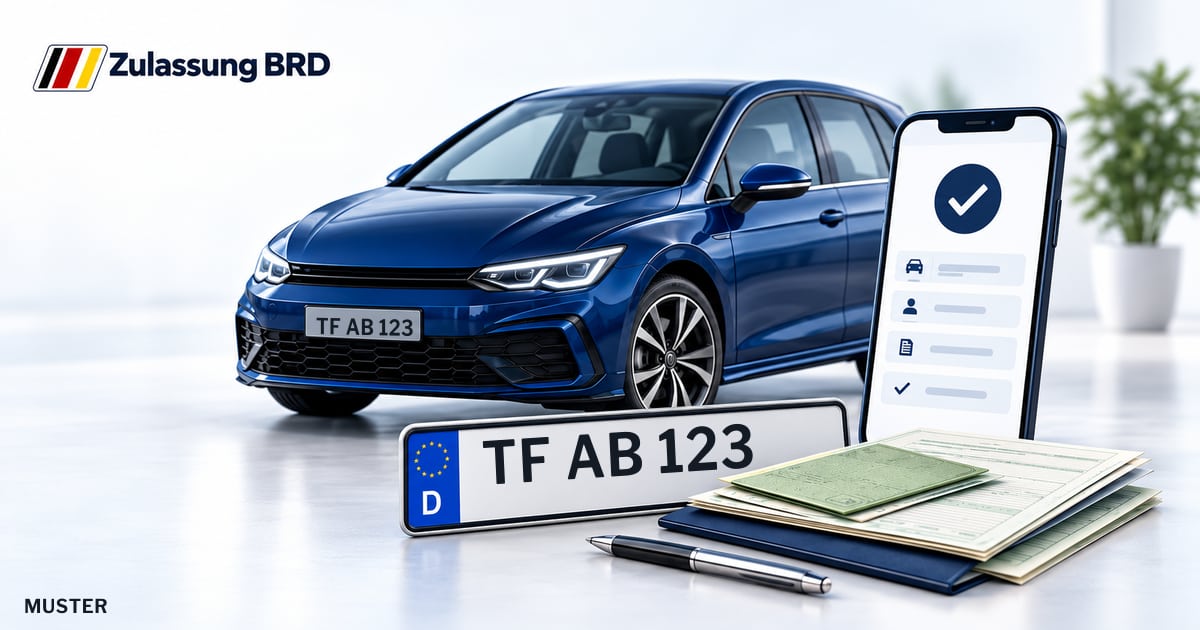 Online Fahrzeugzulassung in Blankenfelde-Mahlow: Musterkennzeichen TF AB 123, Auto und Fahrzeugpapiere und Smartphone. Illustration mit Logo von Zulassung BRD.